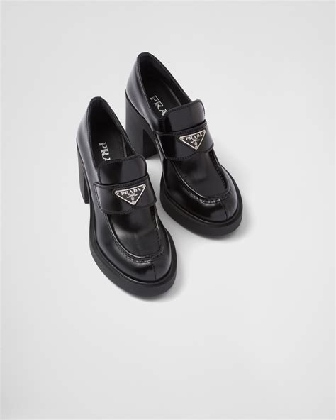 prada loafers women black|Prada high heeled loafers.